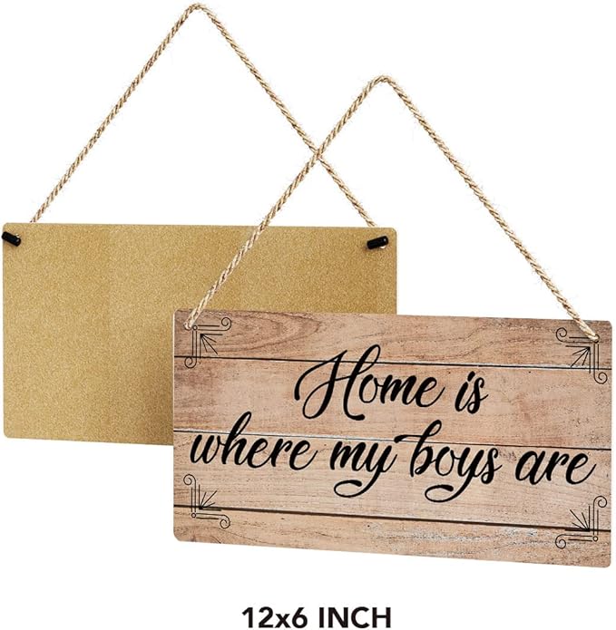 SENJIAN Rustic Family Quote Wood Decor Sign, Home is Where My Boys are Printed Wood Sign Wall Art, Hanging Door Sign, Decorative Wood Sign Home Decor 6" x 12"-Ruum Studio Home