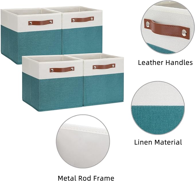 HNZIGE Fabric Storage Cube Bins Baskets for Organizing, 11 inch Cube Storage Bins, Set of 4, Collapsible Storage Bin with Handles, Closet Organizers and Storage Home Toy Nursery Bedroom(White Teal)-Ruum Studio Home