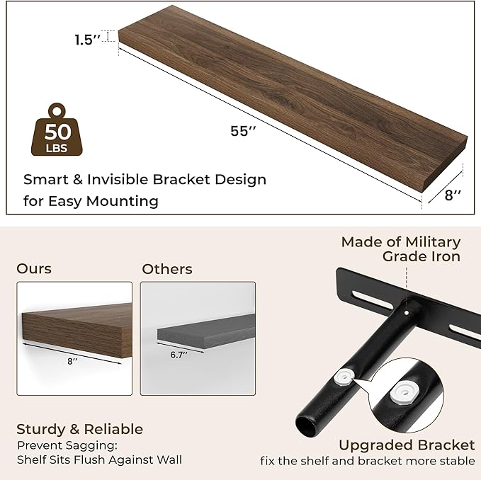 RICHFOCUS 55Inch Floating Shelves for Wall 1 Pack Shelves for Bedroom|Kitchen|Bathroom Wall Mounted Rustic Wood Floating Shelf with Invisible Brackets for Books|Storage|Decor, Walnut-Ruum Studio Home