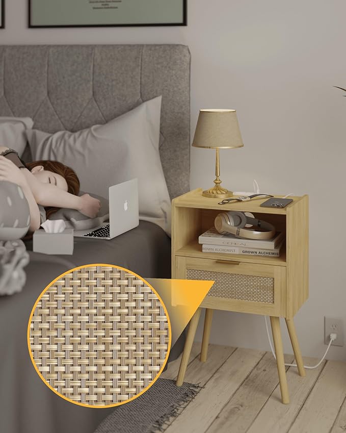 Rattan Nightstand with Outlet,Modern Bedside Table with Storage Drawer and Open Wood Shelf, for Living Room, Bedroom and Small Spaces, Accent Night Stand with Solid Wood Legs,Yellow Oak-Ruum Studio Home