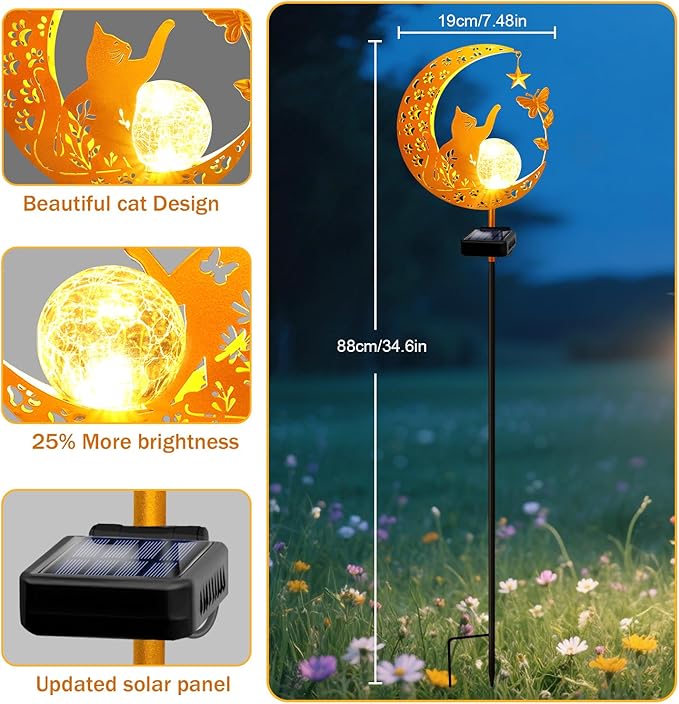 YJFWAL Garden Solar Cat Lights Pathway Stake Lights Glass Globe with Moon Cat Decor, Gifts for Mom Grandma Friends, Outdoor Decor Light Waterproof for Walkway, Yard, Patio or Garden (Warm White)-Ruum Studio Home