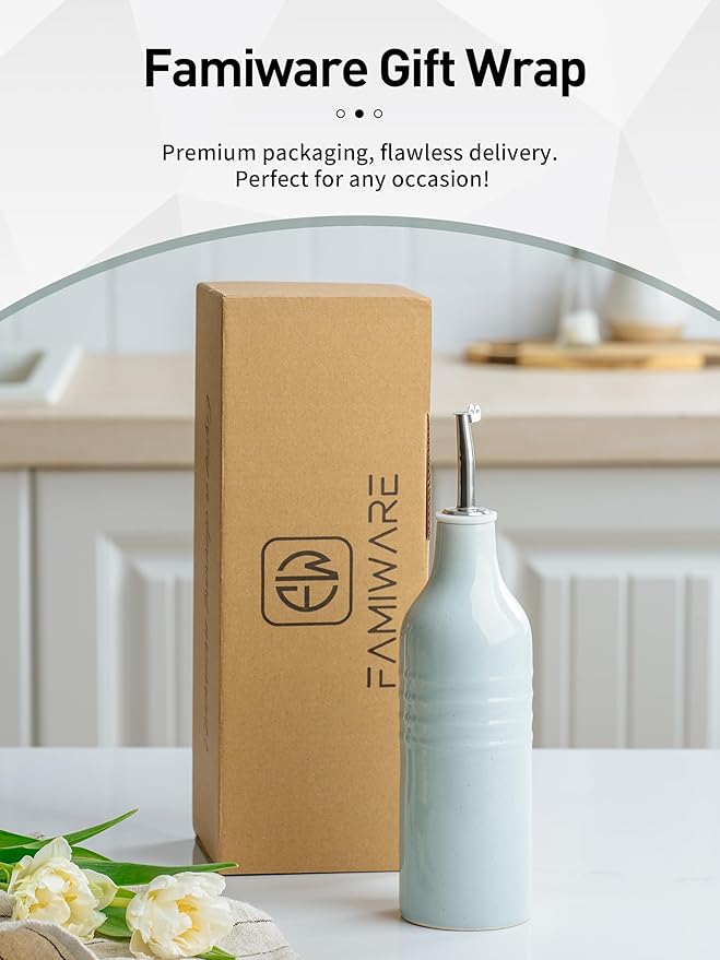 famiware Jupiter 16oz Ceramic Olive Oil Dispenser Bottle, 1 Piece Oil Dispenser for Kitchen with Stainless Steel Pourers, Suitable for Storage Vinegar, Soy Sauce, Coffee Syrup, Light Blue-Ruum Studio Home