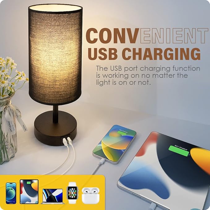Yarra-Decor Bedside Lamp with USB Port - Touch Control Table Lamp for Bedroom 3 Way Dimmable Nightstand Lamp with Round Black Fabric Shade for Living Room, Dorm, Home Office (LED Bulb Included)-Ruum Studio Home