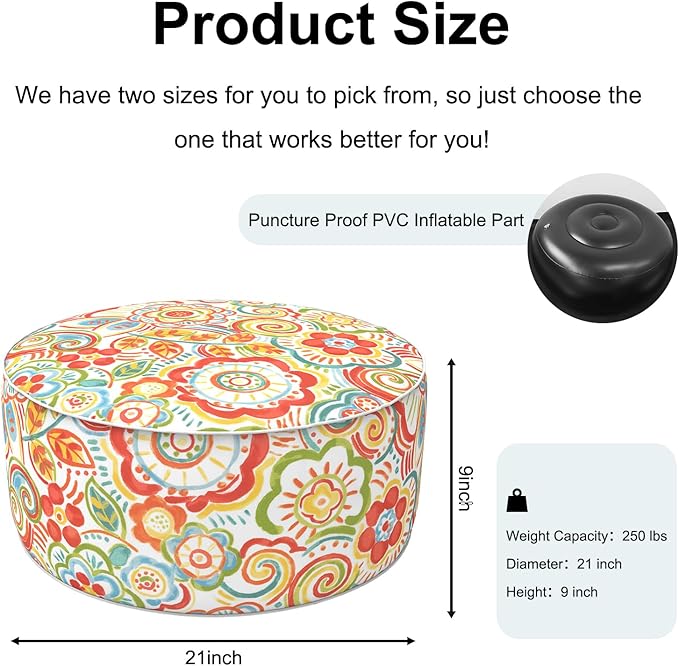 Inflatable Ottoman Stool D21 xH9 for Outdoor/Indoor Use, Water Repellent Patio Foot Rest Stool with Portable Handle,Round Pouf Ottoman Suitable for Garden,Deck and Camping - Flower Red-Ruum Studio Home