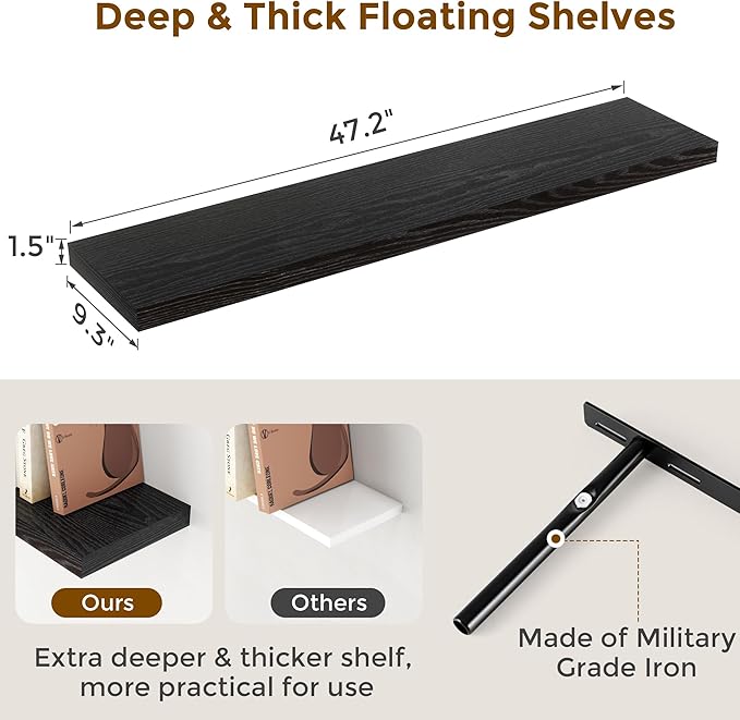 Fun Memories Floating Shelves 48 Inch Set of 2, Black 48 x 9 Wall Shelves for Home Decor Storage, Rustic Wood Floating Shelf for Wall, 9 Inch Deep Shelving for Bathroom, Living Room, Kitchen-Ruum Studio Home