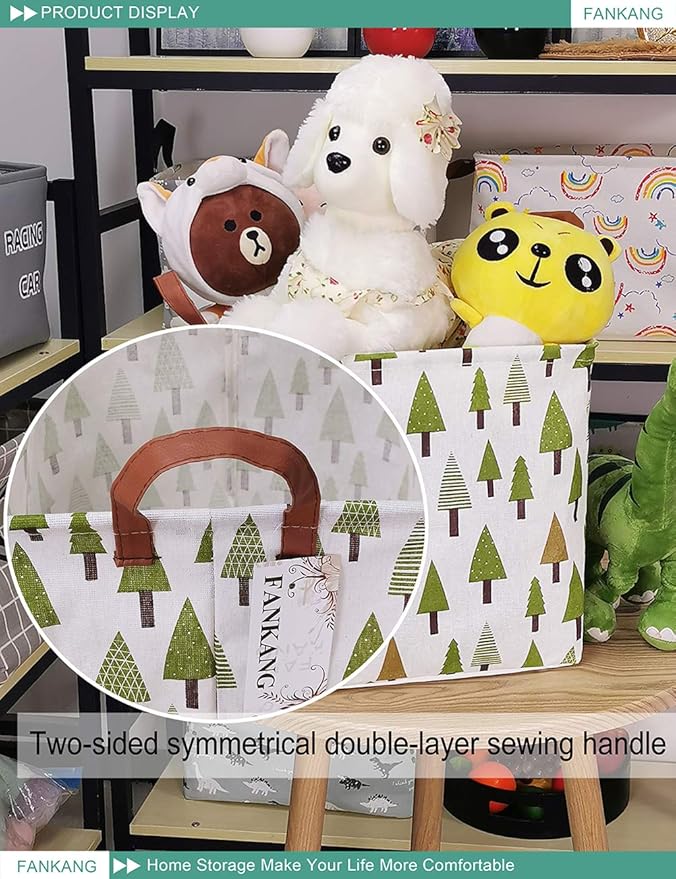 FANKANG Square Nursery Hamper Storage Bins Canvas Laundry Basket Foldable with Waterproof PE Coating Large Storage Baskets Gift Baskets for Children Office Bedroom ClothesToys (SquareGreen forest)-Ruum Studio Home