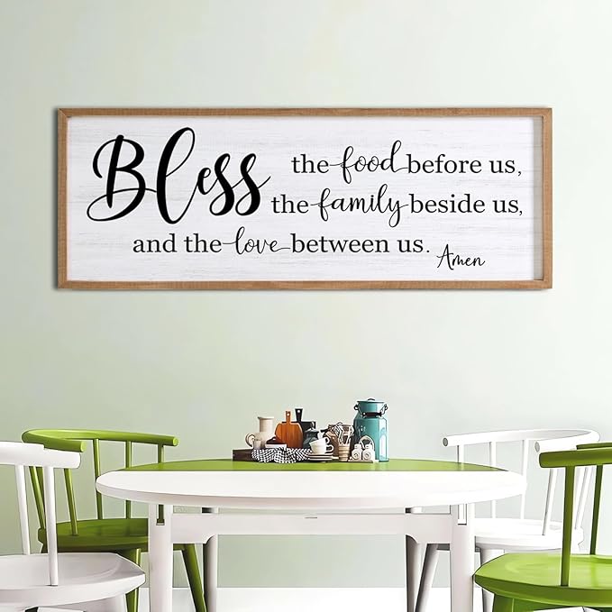 Bless the Food Before Us, the Family Beside Us, and the Love between us Framed Wall Art for Dining Room, 40''×15'' Holy Positive Religious Rustic Bible Verse for Christian God Jesus Christ Prayer-Ruum Studio Home
