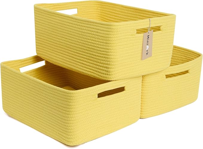 Large Storage Baskets for Shelves, Closet Organizers Bins for Clothes Blanket Towels, Baby Nursery, Toy Baskets Box, Woven Rope Baskets, 17 x 13 x 7.5”, 3 Packs Yellow-Ruum Studio Home