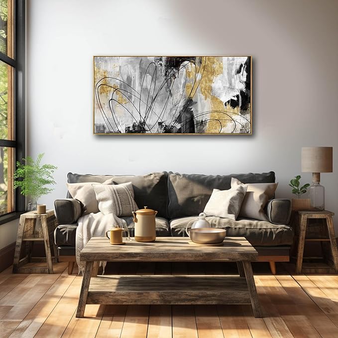YJYart Line Art Wall Decor Black and Gold Wall Artwork 20"x40" Canvas Wall Art for Living Room Kitchen Wall Picture Ready to Hang-Ruum Studio Home