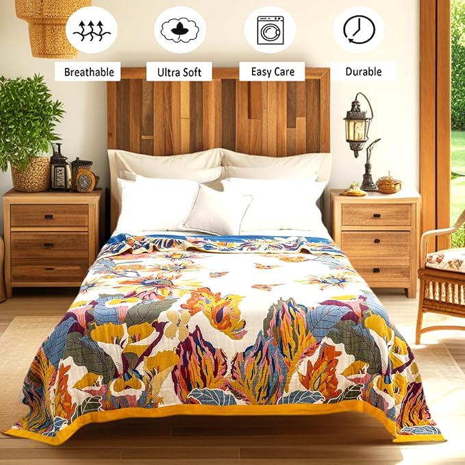 Boho Large Throw Blanket, 100% Organic Cotton Breathable Soft Bed King Throw - Fall Floral Bird Butterfly Farmhouse Decor Blanket for Sofa Couch Chair and Gift. 91" x 98"-Ruum Studio Home