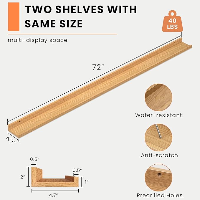 Heimlove Picture Ledge Shelf, Floating Shelves Set of 2, 72 Inches Long Large Picture Shelf for Wall with Ledge, Kids Bookshelf Wall Mounted for Living Room Bedroom Decor Books Photo Frames, Oak-Ruum Studio Home