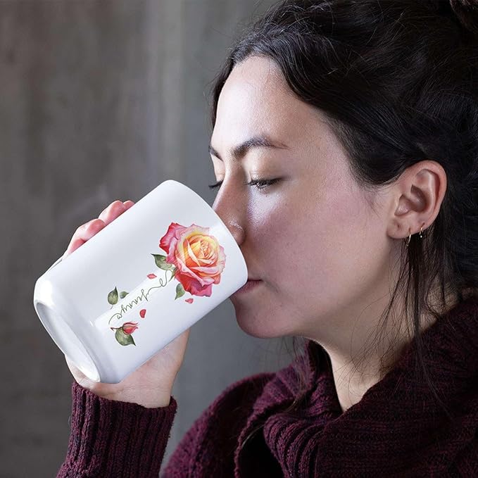 Novelty Rose Accent Cup For Girl, Personalized Rose Flower Coffee Mug 11oz 15oz, Customized Rose Lover Ceramic Cup With Name, Custom Flower Design Mug, Gift For Anniversary-Ruum Studio Home