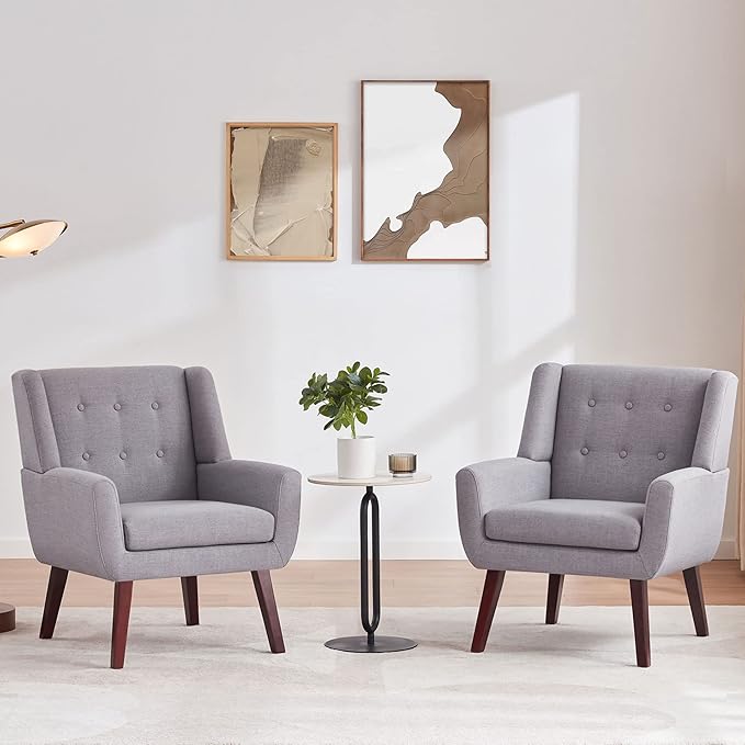 HUIMO Button-Tufted Accent Chairs Set of 2,Upholstered Reading Living Room Chair,Mid Century Modern Chair with Linen Fabric, Club Chair,Comfy Arm Chairs for Living Room,Bedroom,Light Grey-Ruum Studio Home