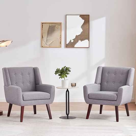 HUIMO Button-Tufted Accent Chairs Set of 2,Upholstered Reading Living Room Chair,Mid Century Modern Chair with Linen Fabric, Club Chair,Comfy Arm Chairs for Living Room,Bedroom,Light Grey-Ruum Studio Home