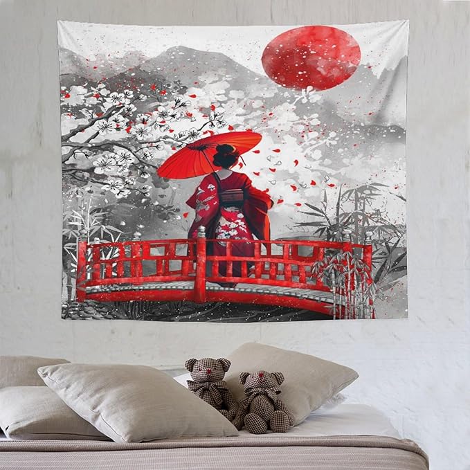 Japanese Red Geisha Tapestry Asian Cherry Blossom Red Sun Traditional Kimono Folk Tapestries Home Decor for Living Room Bedroom Apartment Farmhouse Dorm 60"x50"-Ruum Studio Home