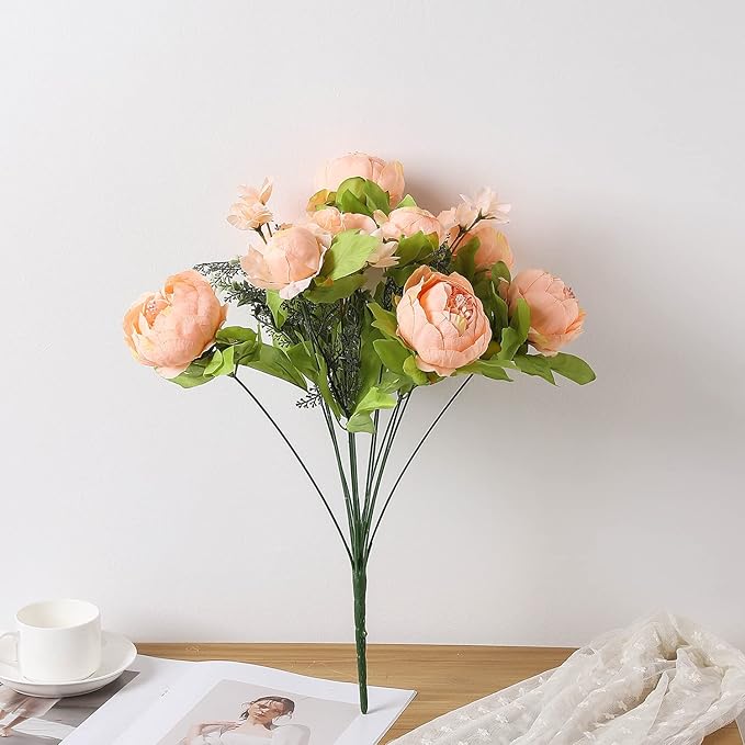 Duovlo Springs Flowers Artificial Silk Peony Bouquets Wedding Home Decoration,Pack of 1 (Spring Orange-Pink)-Ruum Studio Home