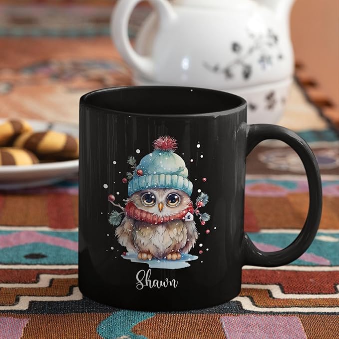 Winter Owl Design Coffee Mug - Custom Christmas Animal Black Cup, Personalized Name Themed 11oz 15oz Ceramic Cup for Owl Lovers, Xmas Decorative Gift-Ruum Studio Home