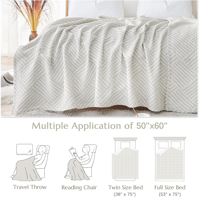 jinchan Boho 100% Cotton Blanket Muslin 50x60 Inches Lightweight 3-Layer Geometric Square Striped Pattern Reversible Quilt Throw Soft Breathable Comfy All Seasons for Couch Bed Decor, Light Grey-Ruum Studio Home