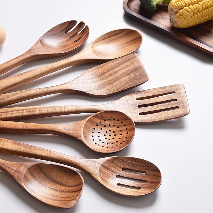 Gudamaye 13 inch Long Wooden Utensils for Cooking, Long Handle Wooden Spoons for Cooking, 7 PCES Crafting Wooden Spoon Set, Wooden Kitchen Utensil set, Natural Teak Wooden utensil Set-Ruum Studio Home