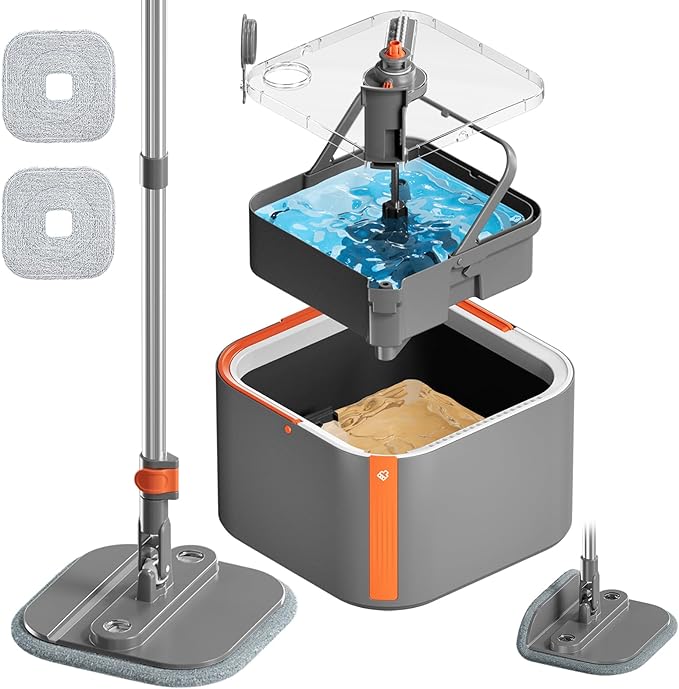 Upgraded Spin Mop and Bucket Set Self-Standing Mop Bucket Separate Dirty and Clean Water System Self Wringing 360° Rotating 90° Foldabl Mops and Buckets for Floor Cleaning (Dark Gray, 2Pads)-Ruum Studio Home