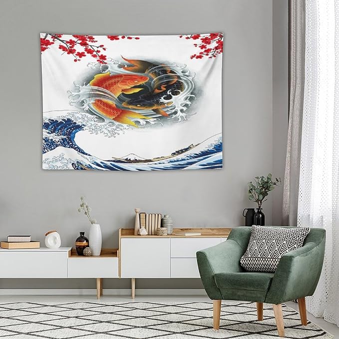 Houselerax Koi Fish Tapestry, Japanese Style Yin Yang Big Wave Cherry Blossoms Tapestries Wall Hanging for Bedroom Living Room Office Decor 40"x30"-Ruum Studio Home