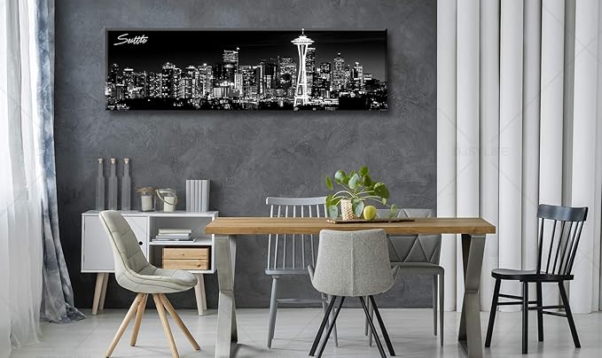 Seattle City Skyline Wall Art Black and White Canvas Prints Panorama Cityscape Picture Night View Painting Poster Modern Artwork Home Decor for Office Living Room - Ready to Hang 13.8" x 47.3"-Ruum Studio Home