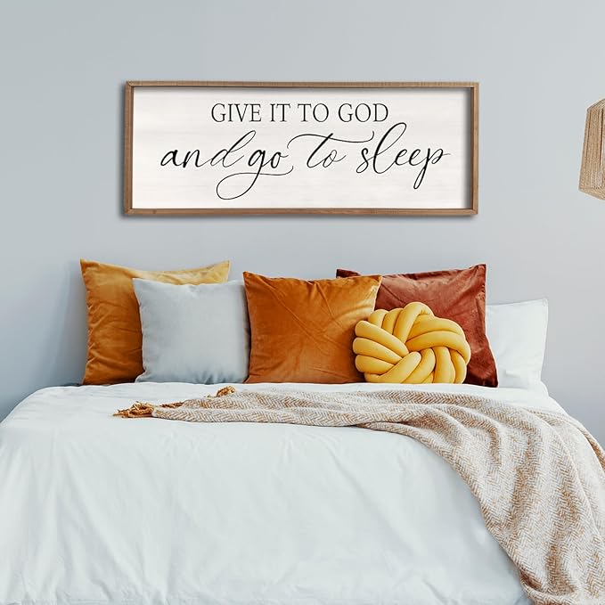 comurdyo Give It To God And Go to Sleep Sign 40''×15'' Master Bedroom Above Bed Wall Decor Wood Framed Couple Large Farmhouse Guest Room Rustic Simple Over Bedside Wall Art Hanging Decor (Wood)-Ruum Studio Home