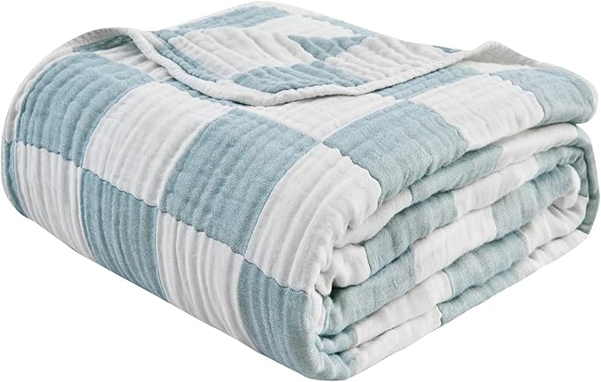 EMME Checkered Throw Blanket Cotton for Couch Soft Muslin Bamboo Blankets 50"x60" Lightweight Breathable Soft Blanket All Season Gauze, Teal-Ruum Studio Home