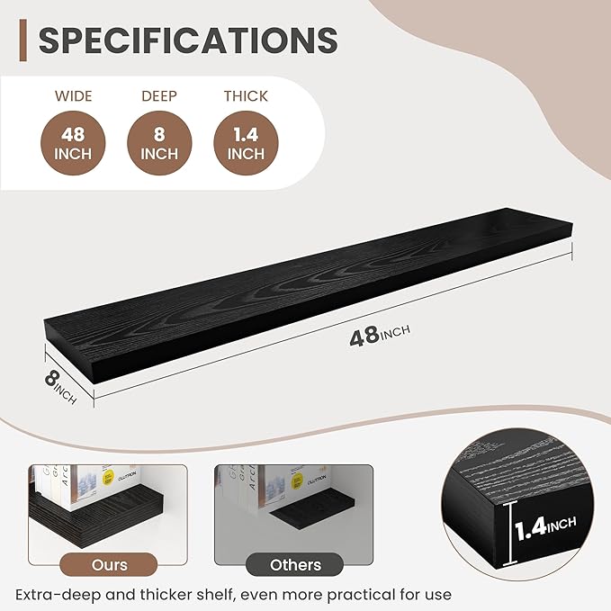 48 Inch Floating Shelves, 8 Inch Deep Floating Shelves for Wall, Hanging Shelf with Invisible Brackets, Deep Shelves for Bathroom, Bedroom, Living Room, Black, Set of 1-Ruum Studio Home