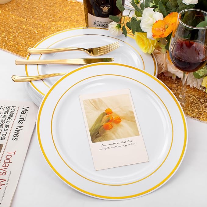 FLOWERCAT 60PCS Gold Plastic Plates - Heavy Duty White and Gold Plastic Plates Disposable for New Year/Thanksgiving Party/Wedding - Include 30PCS 10.25" Dinner Plates and 30PCS 7.5" Dessert Plates-Ruum Studio Home