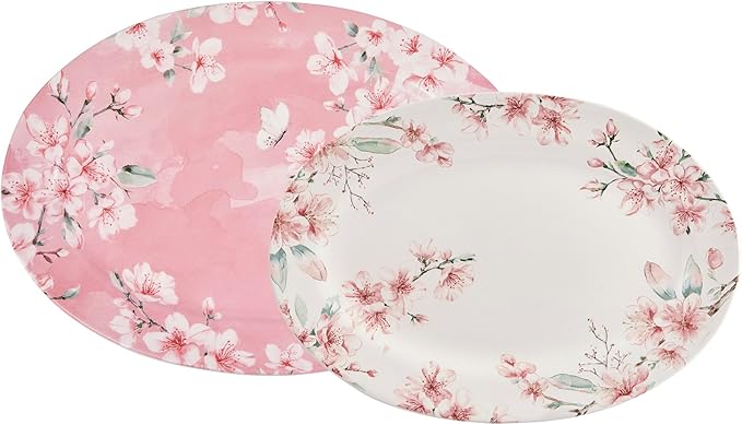 Bico Spring Sakura 16 plus 14 inch Ceramic Oval Platters Set, Set of 2, Microwave & Dishwasher Safe, for Serving Fish, Chicken, Turkey-Ruum Studio Home