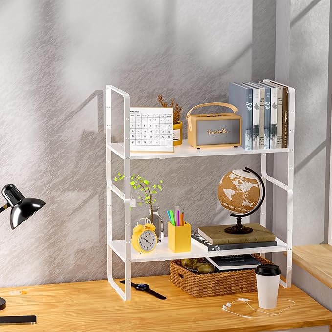 iPEGTOP Expandable Cabinet Storage Shelf Organizer Rack, 2 Pack Heavy Duty Steel Metal Spice Rack Adjustable Height Garage Pantry Shelf Space Riser for Counter Kitchen Organization, White-Ruum Studio Home