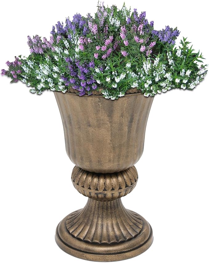 Athena Collection 20''H Garden Plastic Urn Vintage Tall Planter Urn Patio Large Flower Pot Porch Planter Large Planter for Indoor Outdoor Plant, Bronze-Ruum Studio Home