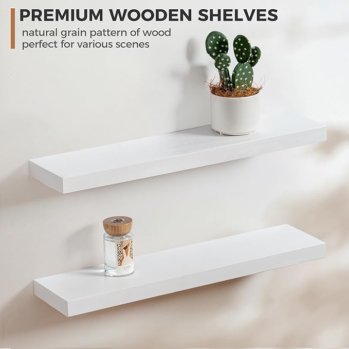 Fun Memories Handcrafted European Pine Floating Shelves - Natural Rustic Wooden Wall Shelf Set of 2-24 Inch Storage Shelf Display Shelf for Kitchen Bathroom Living Room Bedroom Farmhouse - White-Ruum Studio Home
