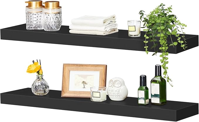 HOOBRO Floating Shelves for Wall, Wall Mounted Shelf Set of 2, 31.5" Hanging Shelf with Invisible Brackets, for Wall in Bathroom, Bedroom, Toilet, Kitchen, Living Room, Office, Black BK80BJP201-Ruum Studio Home