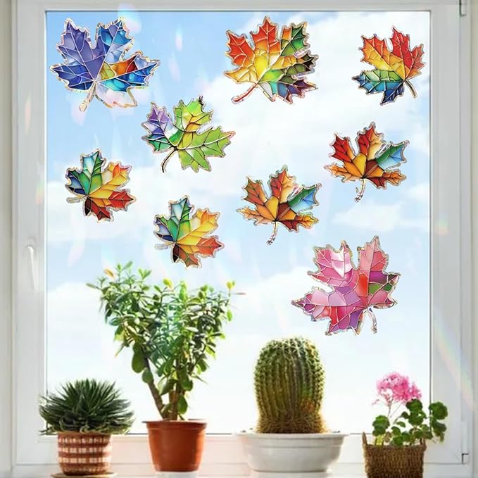 14pcs Window Decals for Bird Strikes, Anti Collision Window Clings, Rainbow Reflection Window Sticker, Maple Leaf Style Sun Catcher Stickers for Glass Windows-Ruum Studio Home