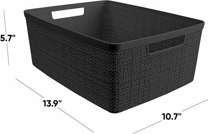 Curver Set of 6 Jute Medium Decorative Plastic Organization and Storage Baskets, Perfect Bins for Home Office, Closet Shelves, Kitchen Pantry and All Bedroom Essentials, Black-Ruum Studio Home