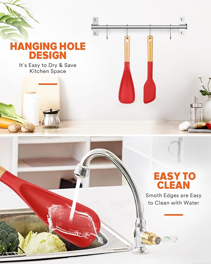 Cooking Spoon and Scraper for Nonstick Cookwares, Great for Cooking and Serving Durable BPA-Free Matte Silicone, Wood Handle Multifunction Spoon for Mixing, Scoop, and Scrape (RED)-Ruum Studio Home