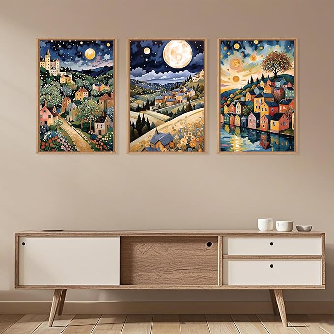LHIUEM Large Abstract Colorful Framed Canvas Wall Art,Retro Night Village Wall Decor,Natural Moon Stars Wall Painting,Gustav Klimt Scenery Artwork for Living Room,Bedroom,Dining Room,Office -24"x36"x3-Ruum Studio Home