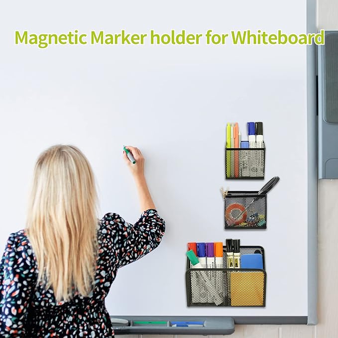 Neudeco Locker Shelf Organizer, Magnetic Pencil Holder, Metal Storage Basket for Whiteboard, Refrigerator, Ideal Cabinet for School, Black (Pack 3L)-Ruum Studio Home