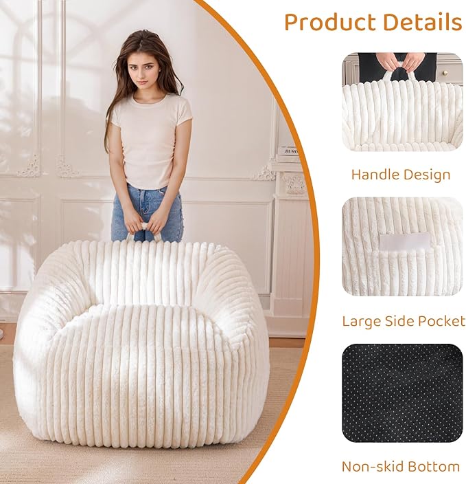 BYBYME Giant Bean Bag Chair for Adults and Kids, Large Comfy Cozy Beanbag, Floor Sofa for Teens, Living Room, Gaming, Reading, Beige-Ruum Studio Home