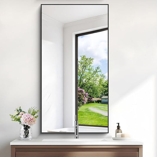 48x24In Black Bathroom Mirror for Wall, Rectangle Mirrors with Metal Frame, Bathroom Rectangular Mirror Modern Wall Mirror for Bedroom Living Room, Entryway Hangs Horizontal or Vertical-Ruum Studio Home