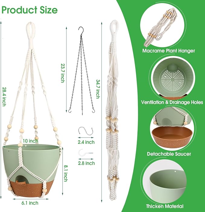 Hanging Planters for Indoor Outdoor Plants, 2 Pack Self Watering Hanging Pot with Drainage Holes, Removable Tray & 2 Kinds of Plant Hangers, 10'' Hanging Flower Pots for Home Garden Decor, Green-Ruum Studio Home