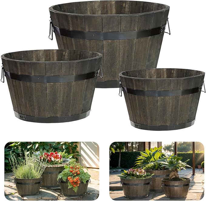 IDZO Set of 3 Wooden Flower Planters for Outdoor Plants, Acacia Wood Barrel Planters, Ergonomic Handles, Drainage Holes, Various Sizes, Black-Ruum Studio Home