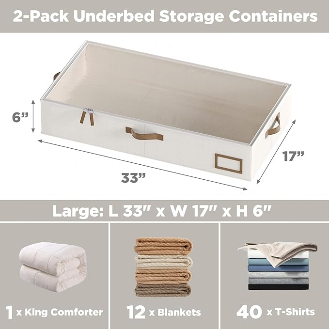 Under Bed Storage Containers, 2-Pack Underbed Storage Box, Collapsible Clothes Storage Bins with Handles and Lid, Large Under Bed Organizers for Shoe, Blanket, Toy, Pillow, Sheet, Beige-Ruum Studio Home
