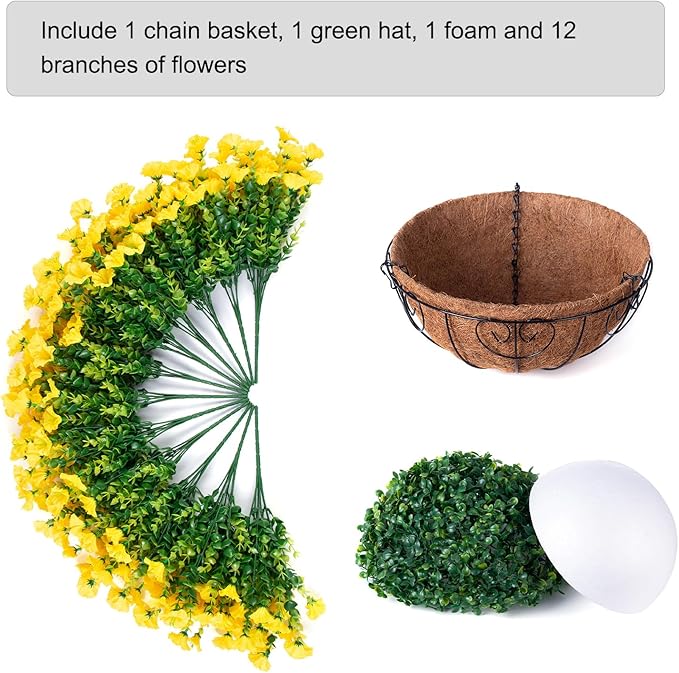 Artificial Fall Flowers Fake Hanging Plants Flowers Basket for Outdoors Autumn Decoration, Yellow Silk Morning Glory with Eucalyptus Look Real UV Resistant Faux Flowers for Outside Porch Patio Balcony-Ruum Studio Home