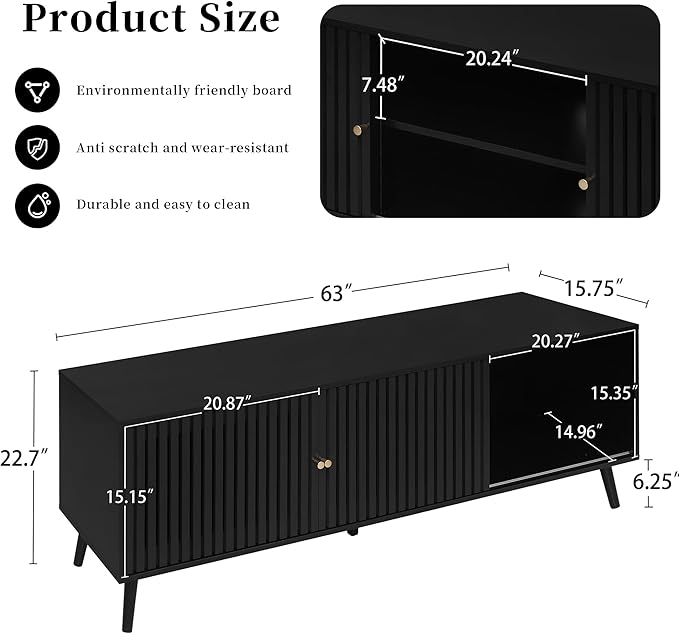 Mid Century Modern TV Stand for Televisions up to 70 Inches, with Sliding Doors and Storage, Television Stands, TV Consoles, Media Consoles for Living Room, 63 Inch (Black)-Ruum Studio Home