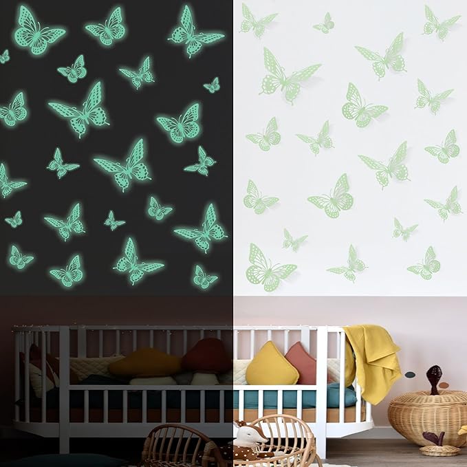 SAOROPEB Glow in The Dark 3D Butterfly 24 Pcs 3 Sizes, Luminous Butterfly Stickers for Ceiling or Wall, Glow in The Dark Party Supplies, Removable Luminous Stickers for Kids Babys Nursery (Green)-Ruum Studio Home
