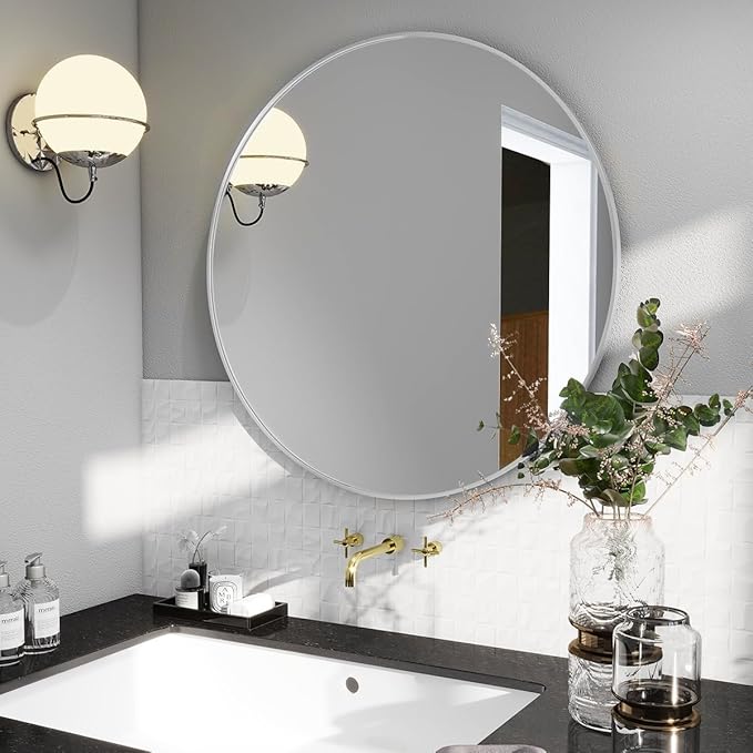 BEAUTYPEAK 24 Inch Round Mirror, Metal Frame Circle Mirror, Wall Mounted for Entryway, Bathroom, Vanity, Living Room, White-Ruum Studio Home