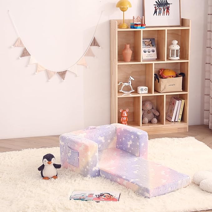 Toddler Chair Kids Couch, 2-in-1 Toddler Soft Sherpa Couch Fold Out Armchair with Removable Cover, Convertible Reading Chair Toddler Sofa for Kids, Glow in The Dark Purple Horse-Ruum Studio Home